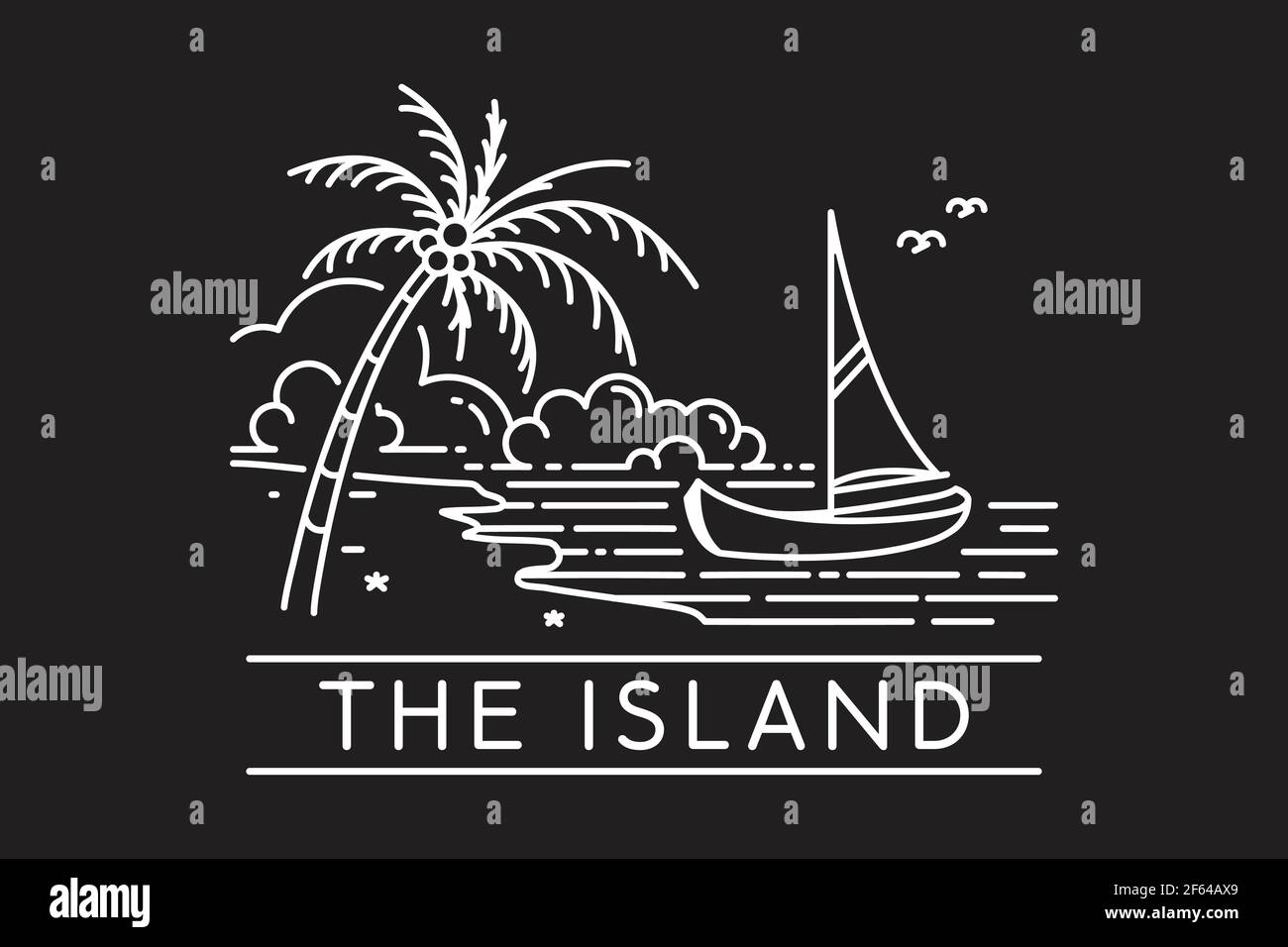 barca a vela su un'isola tropicale spiaggia. isola tropicale monolina disegno vettore illustrazione isolato su sfondo nero Illustrazione Vettoriale