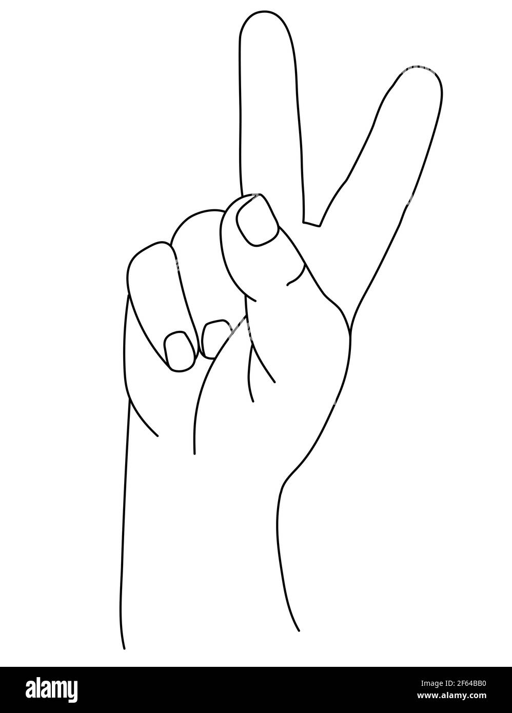 Gesto della mano. La mano mans mostra due dita. Gesto numero due. Disegno vettoriale, schizzo, linea Illustrazione Vettoriale