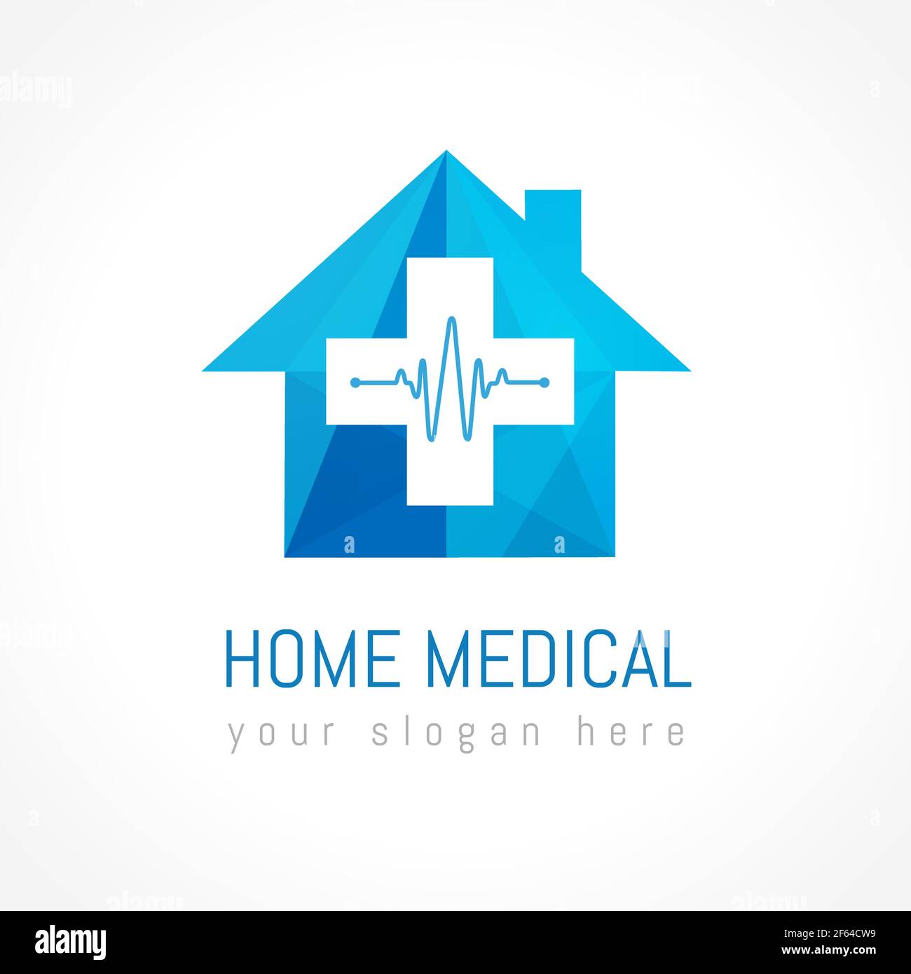 Concetto di logotipo medico domestico. Casa di colore blu in carta vetrata, croce, traccia a impulsi. Schema creativo del centro farmaceutico. Heartbeat di assistenza sanitaria Illustrazione Vettoriale