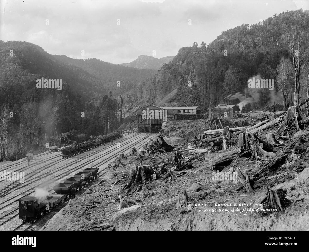 Vagoni di carbone sul pendio ferroviario alla miniera di carbone di Dunollie, Nuova Zelanda, circa 1910. Foto di Muir Moodie di Dunedin Foto Stock
