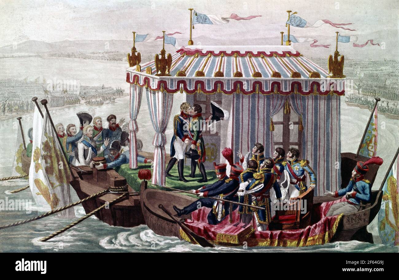 Incontro tra Napoleone Bonaparte e lo Zar Alessandro i Romanov nel mezzo del fiume Neman. Foto Stock