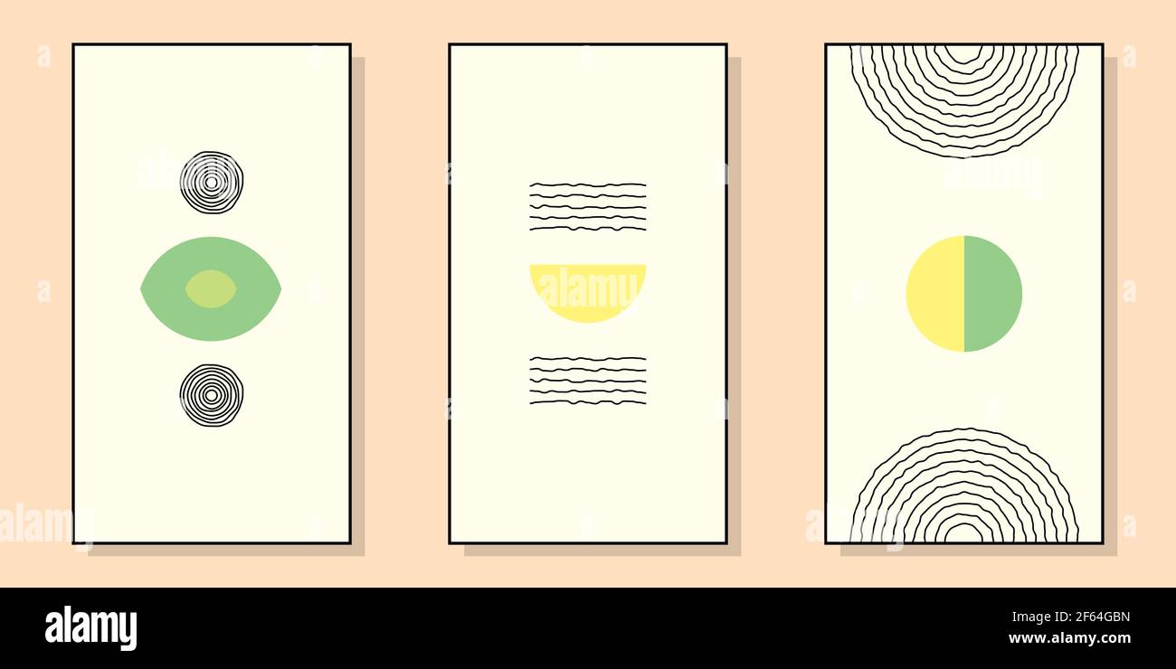 Set astratto creativo minimo per la decorazione delle pareti, come disegno di cartolina o di brochure, illustrazione vettoriale. Illustrazione Vettoriale