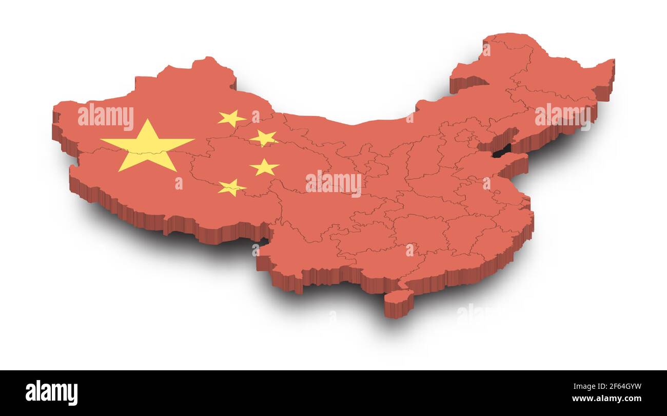 Mappa 3D di Cina e provincia e modello di bandiera con ombra su sfondo bianco isolato . Vista prospettica . Vettore . Illustrazione Vettoriale