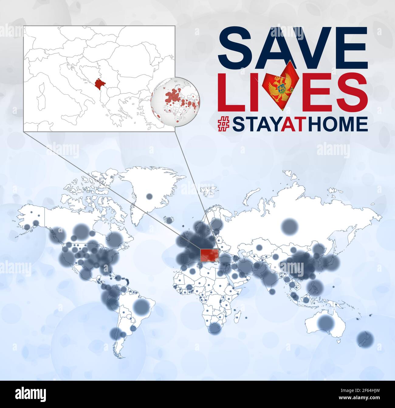 Mappa del mondo con i casi di Coronavirus concentrarsi sul Montenegro, COVID-19 malattia in Montenegro. Slogan salvare vive con la bandiera del Montenegro. Modello vettore. Illustrazione Vettoriale