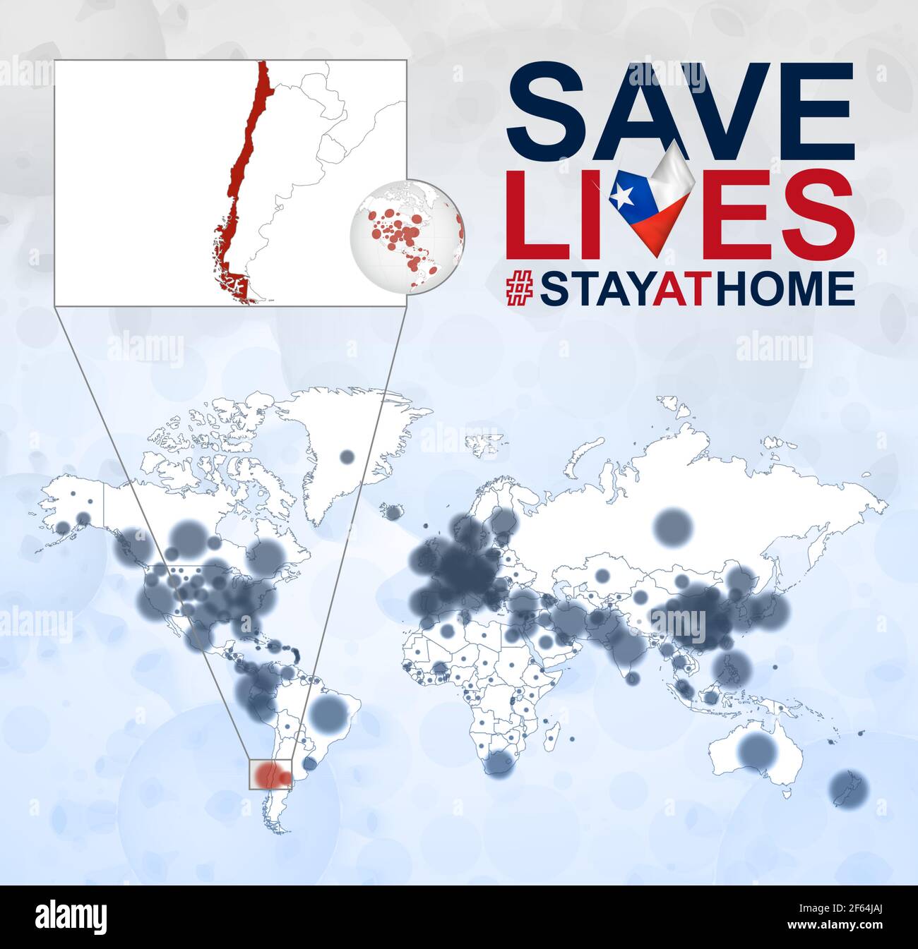 Mappa del mondo con casi di Coronavirus concentrarsi sul Cile, COVID-19 malattia in Cile. Slogan salvare vive con bandiera del Cile. Modello vettore. Illustrazione Vettoriale
