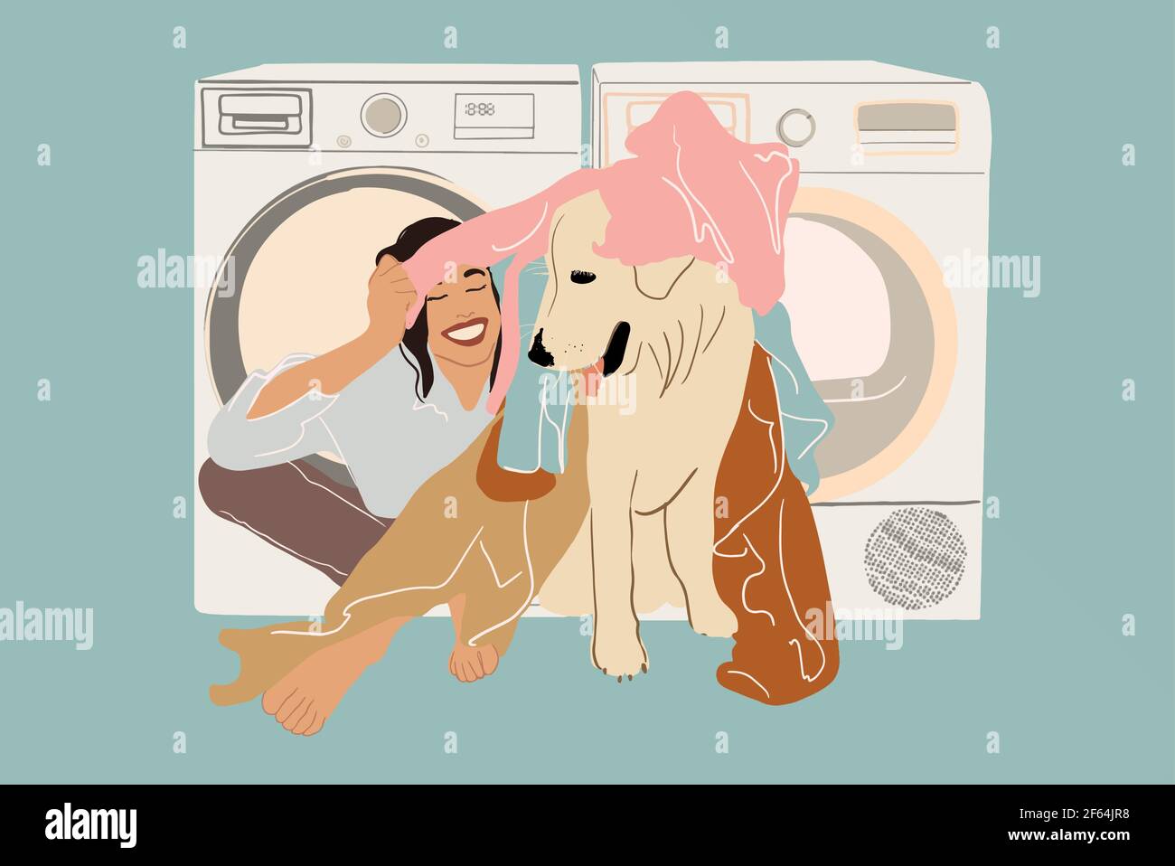 Una donna sorridente che gioca con il cane e vestiti colorati vicino alla lavatrice e asciugatrice. Casalinga che fa la routine. Stile piatto. Illustrazione vettoriale Illustrazione Vettoriale