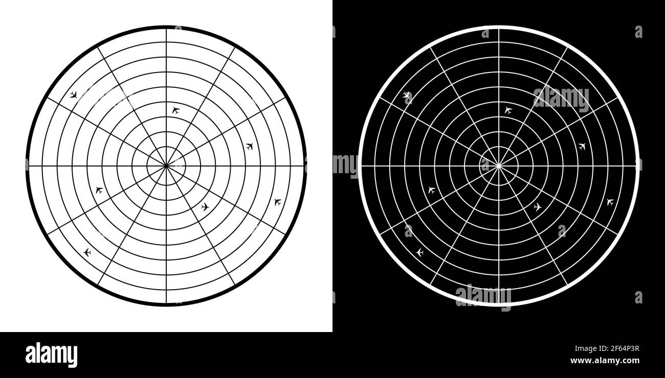 Icona della schermata radar con piani piccoli. Sicurezza dell'aviazione civile. Controllo della rotta di volo in aereo. Vettore in bianco e nero Illustrazione Vettoriale