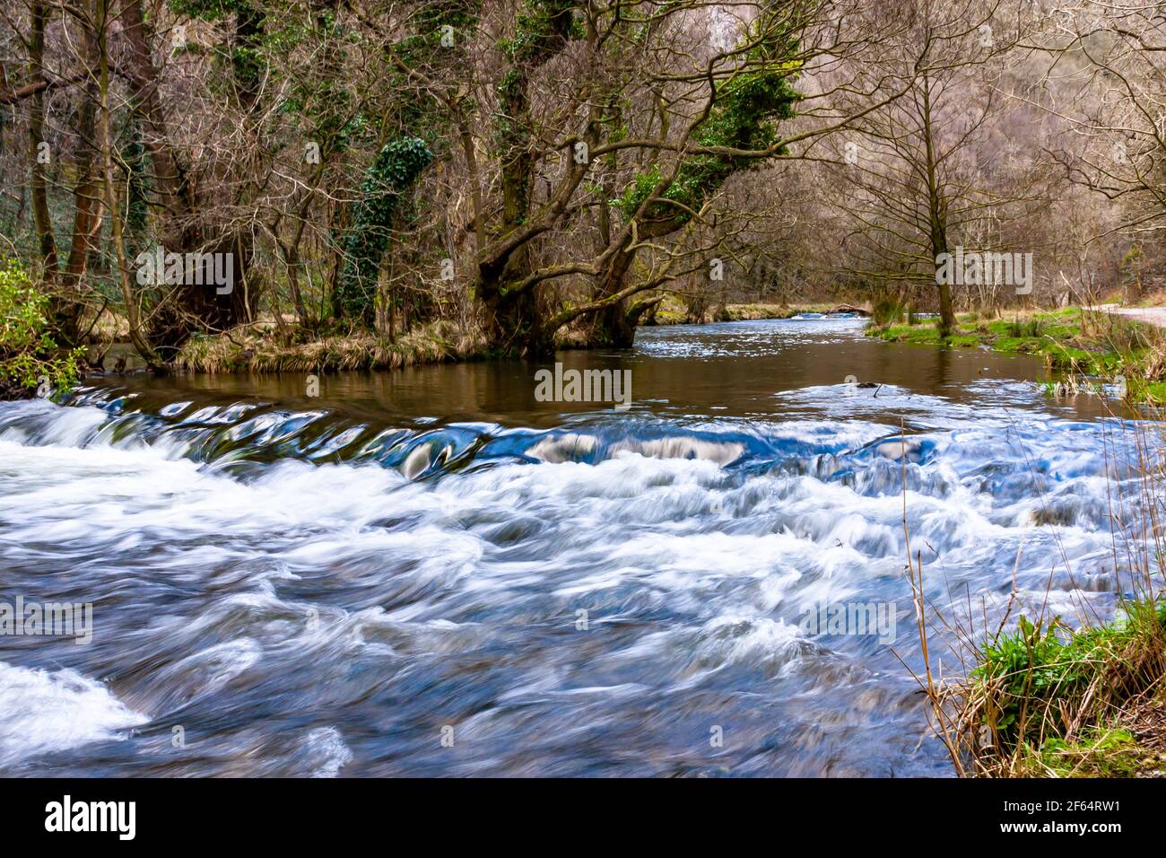 Splendida campagna a Dovedale, Derbyshire e il fiume dove Foto Stock