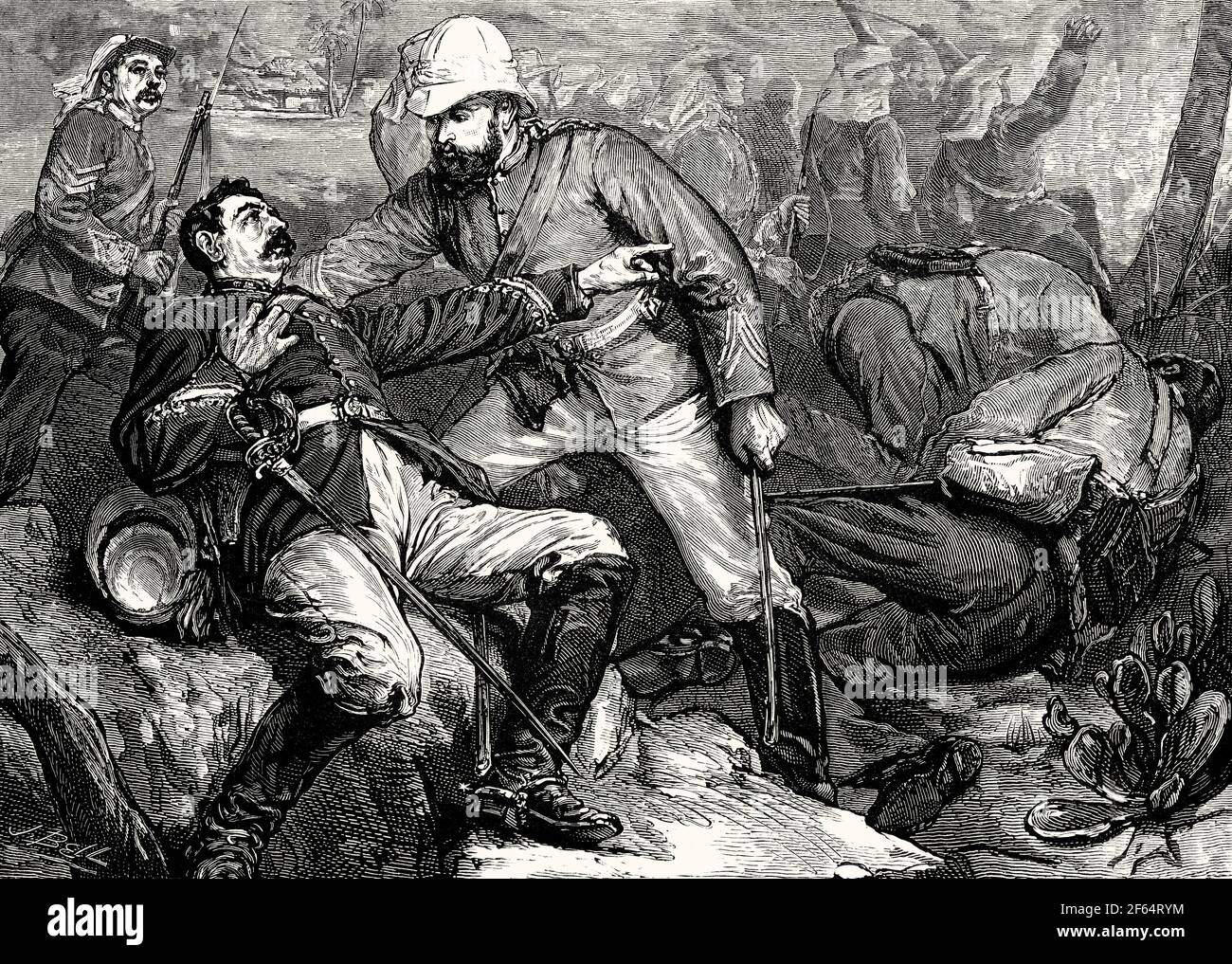 Ferito Lt-col. William Case e Capitano Alfred Bassano, Battaglia di Chinhat, Assedio di Lucknow, ribellione indiana, 30 giugno 1857 Foto Stock