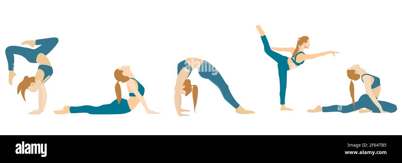Diverse posizioni yoga di una donna su uno sfondo bianco isolato con un'illustrazione concettuale. Consapevolezza concetto di postura di Yoga 2021. Foto Stock