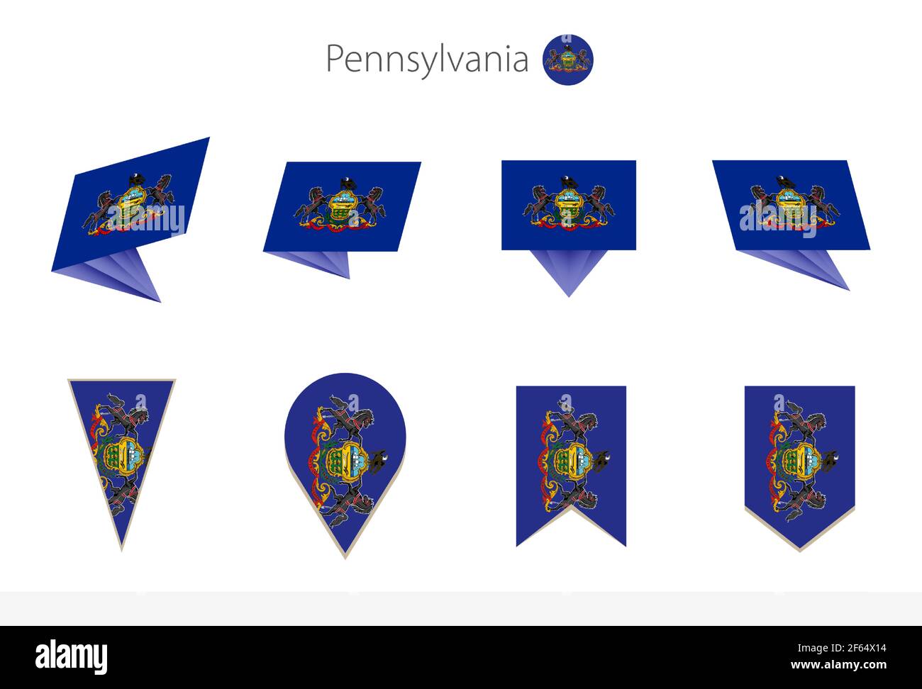 Collezione di bandiere dello stato degli Stati Uniti della Pennsylvania, otto versioni di bandiere vettoriali della Pennsylvania. Illustrazione vettoriale. Illustrazione Vettoriale