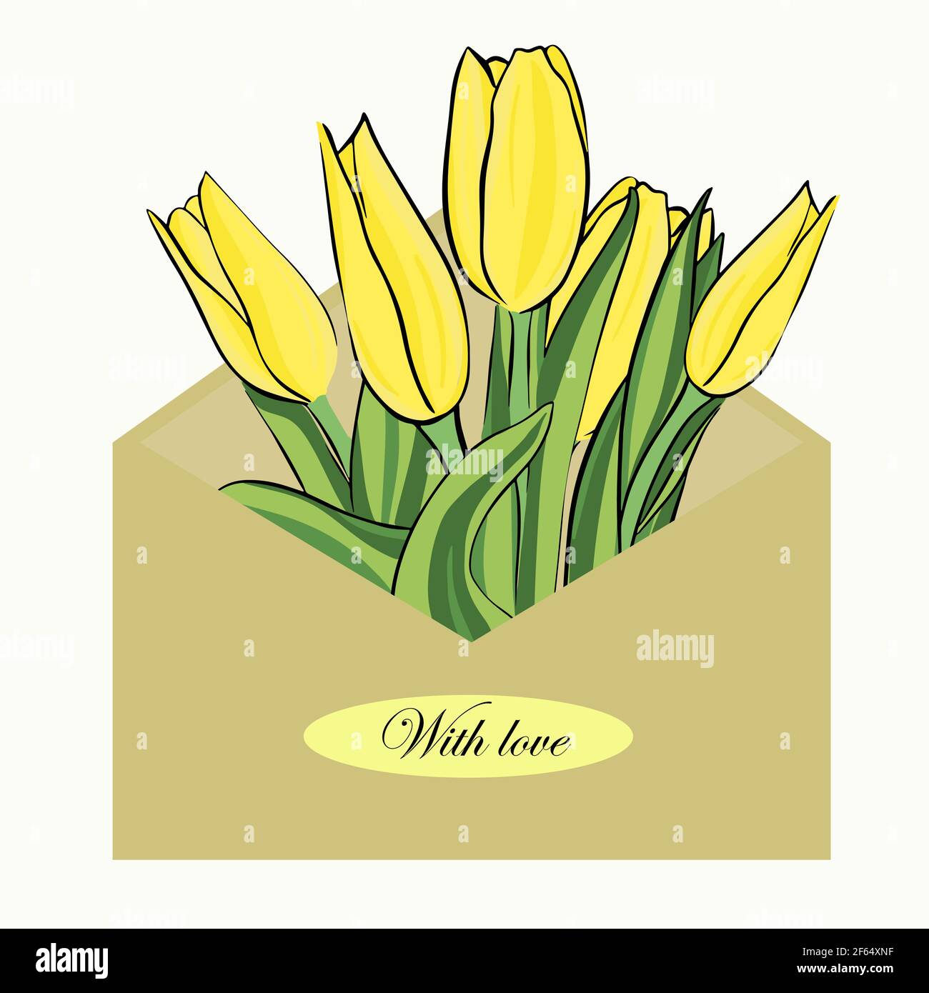 Busta postale con tulipani. Fiori gialli in busta. Lettere, con amore. Cartolina per congratulazioni e confessioni. Composizione della molla. V Illustrazione Vettoriale