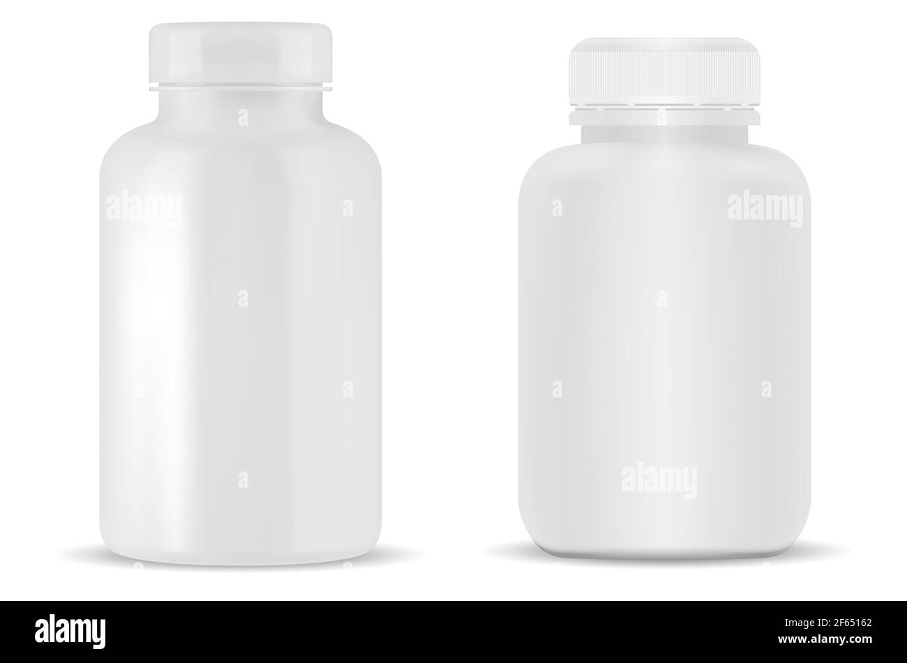 Flacone per pillola bianco. Vaso di plastica supplementare vuoto. Prescrizione capsule di farmaco può. Cura medicinale prodotto flacone disegno. Vasetto rimedio farmaceutico verti Illustrazione Vettoriale