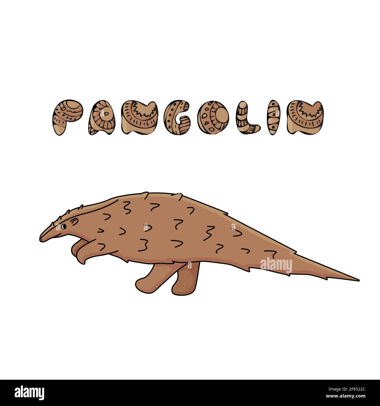 Pangolina marrone o anteater scaly con testo del nome. Vettore contorno doodle cartone animato singolo animale africano o asiatico. Illustrazione isolata su bianco Illustrazione Vettoriale
