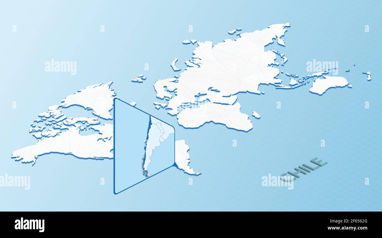 Mappa del mondo in stile isometrico con mappa dettagliata del Cile. Mappa del Cile azzurro con mappa del mondo astratta. Illustrazione vettoriale. Illustrazione Vettoriale