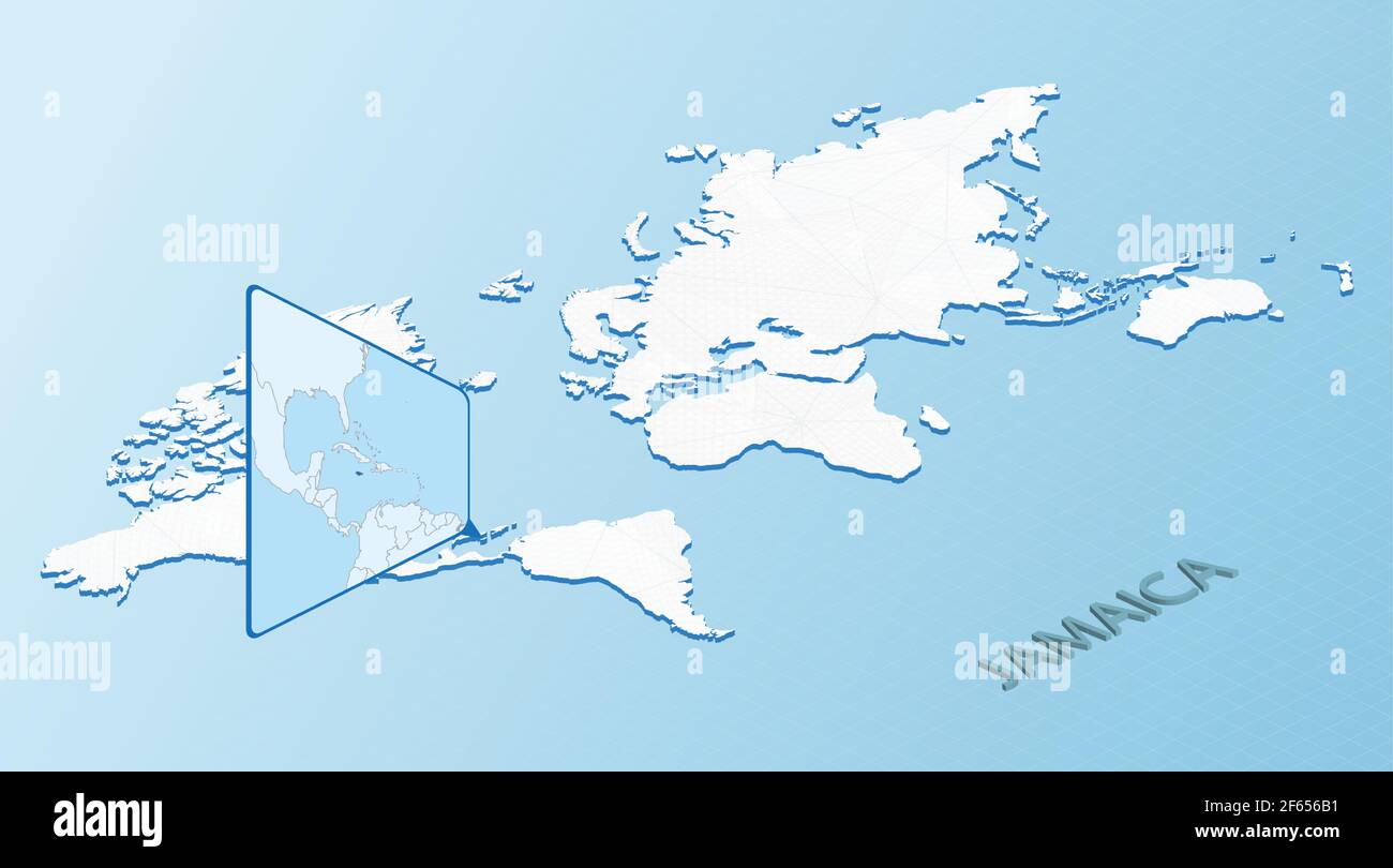 Mappa del mondo in stile isometrico con mappa dettagliata della Giamaica. Mappa della Giamaica blu chiaro con mappa del mondo astratta. Illustrazione vettoriale. Illustrazione Vettoriale