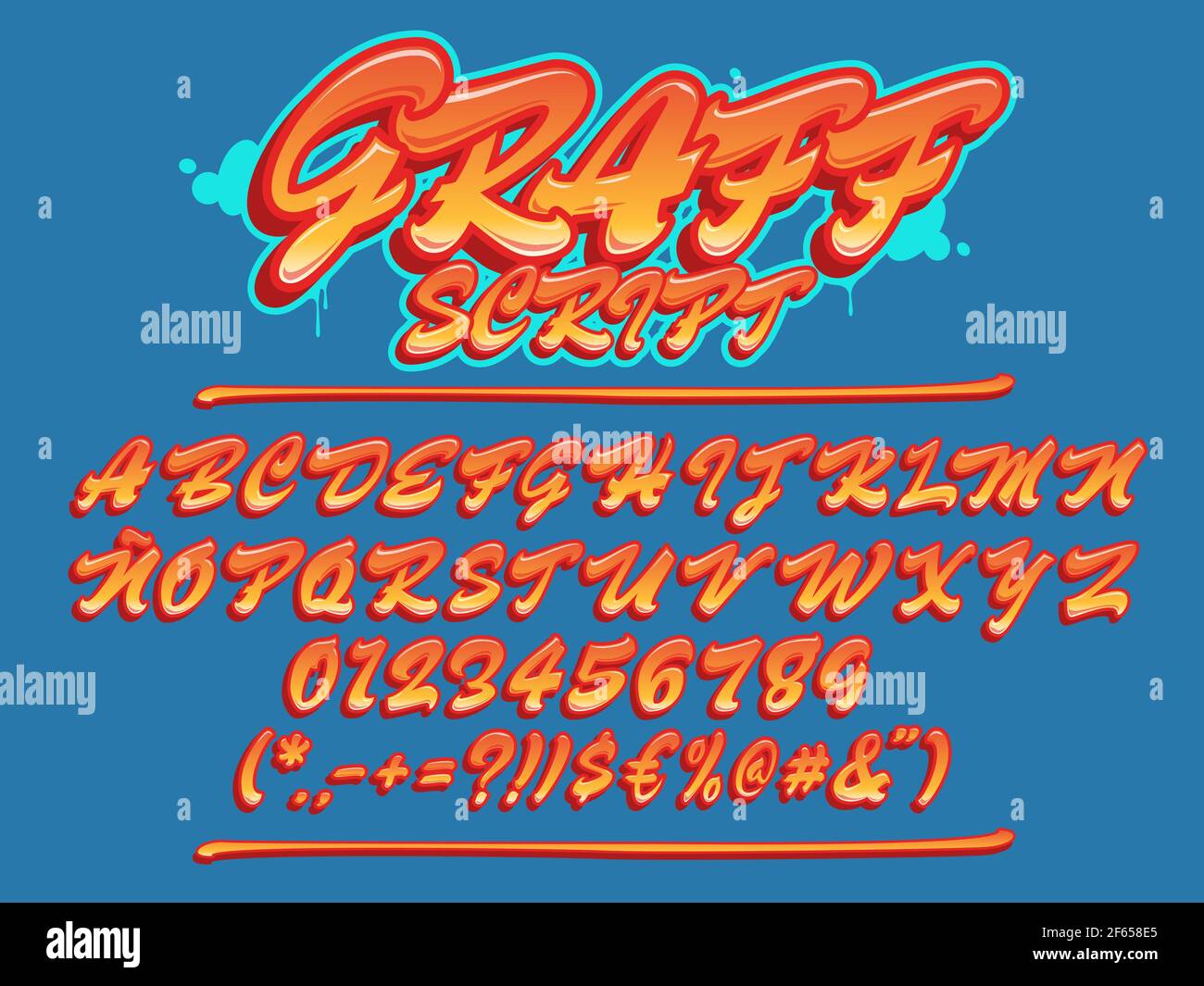 Font di script Graffiti. Carattere tipografico maiuscolo. Alfabeto vettoriale con numeri e glifi. Illustrazione Vettoriale