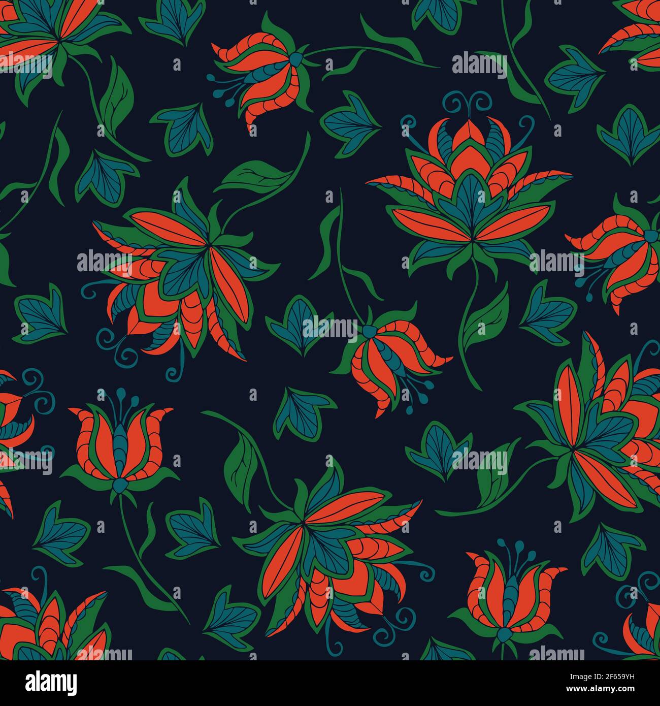 Motivo vettoriale senza cuciture con fiori tropicali su sfondo blu. Ricamo disegno floreale della carta da parati. Tessuto decorativo di moda giglio brillante. Illustrazione Vettoriale
