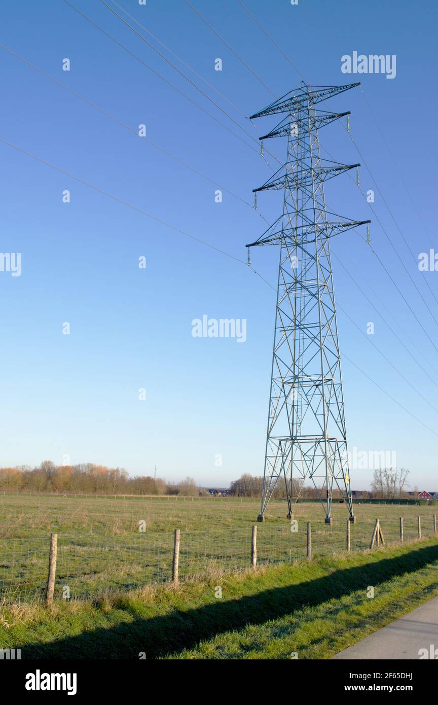 Palo di elettricità per il trasporto di elettricità in un prato con un cielo blu chiaro Foto Stock