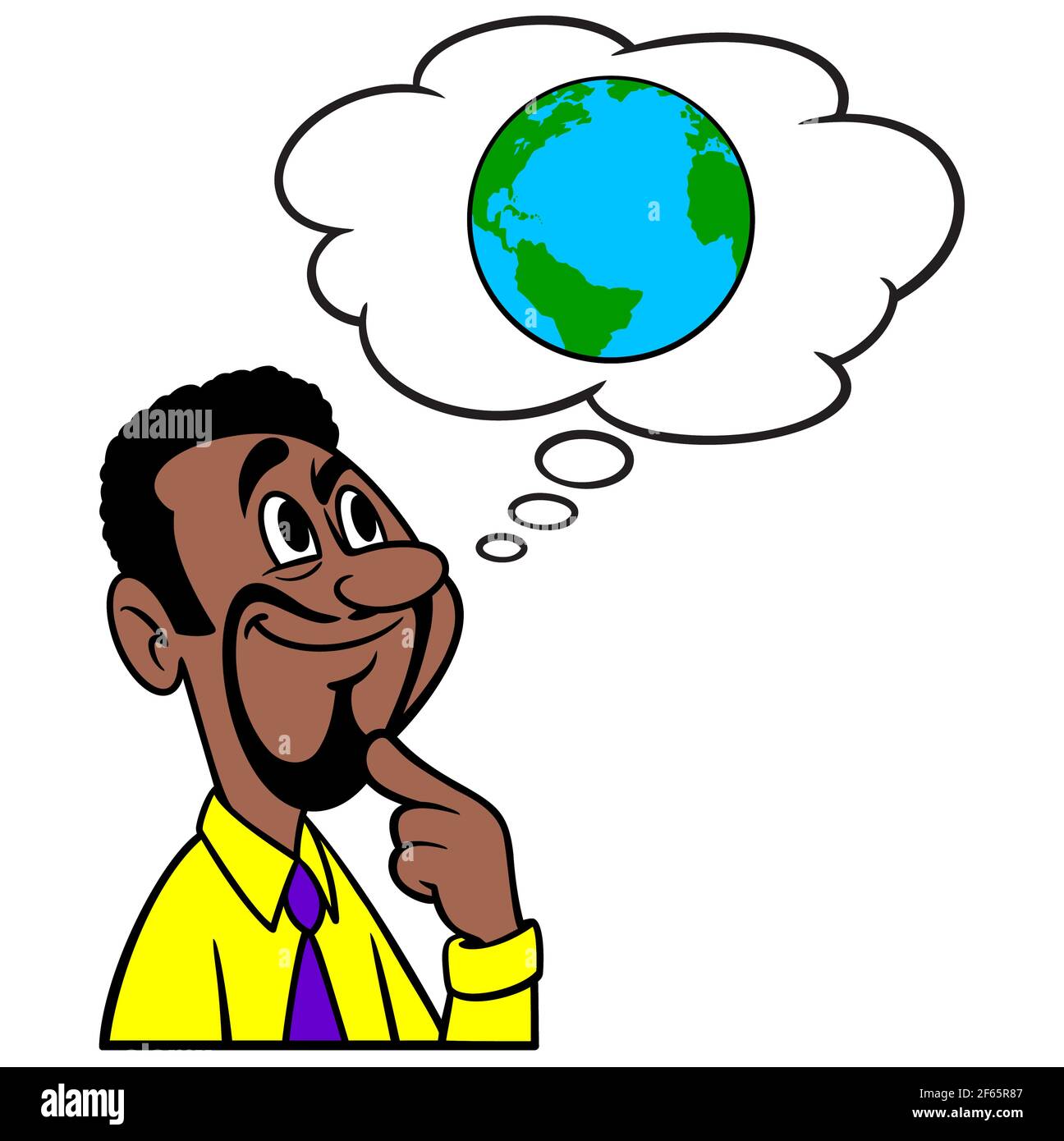 Man Thinking About Climate Change Conspiracy - un fumetto che illustra un uomo che pensa alla cospirazione sui cambiamenti climatici. Illustrazione Vettoriale