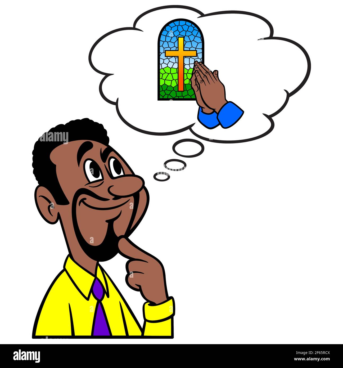 L'uomo che pensa alla Chiesa - un'illustrazione cartoon di un uomo che pensa al servizio della Chiesa. Illustrazione Vettoriale