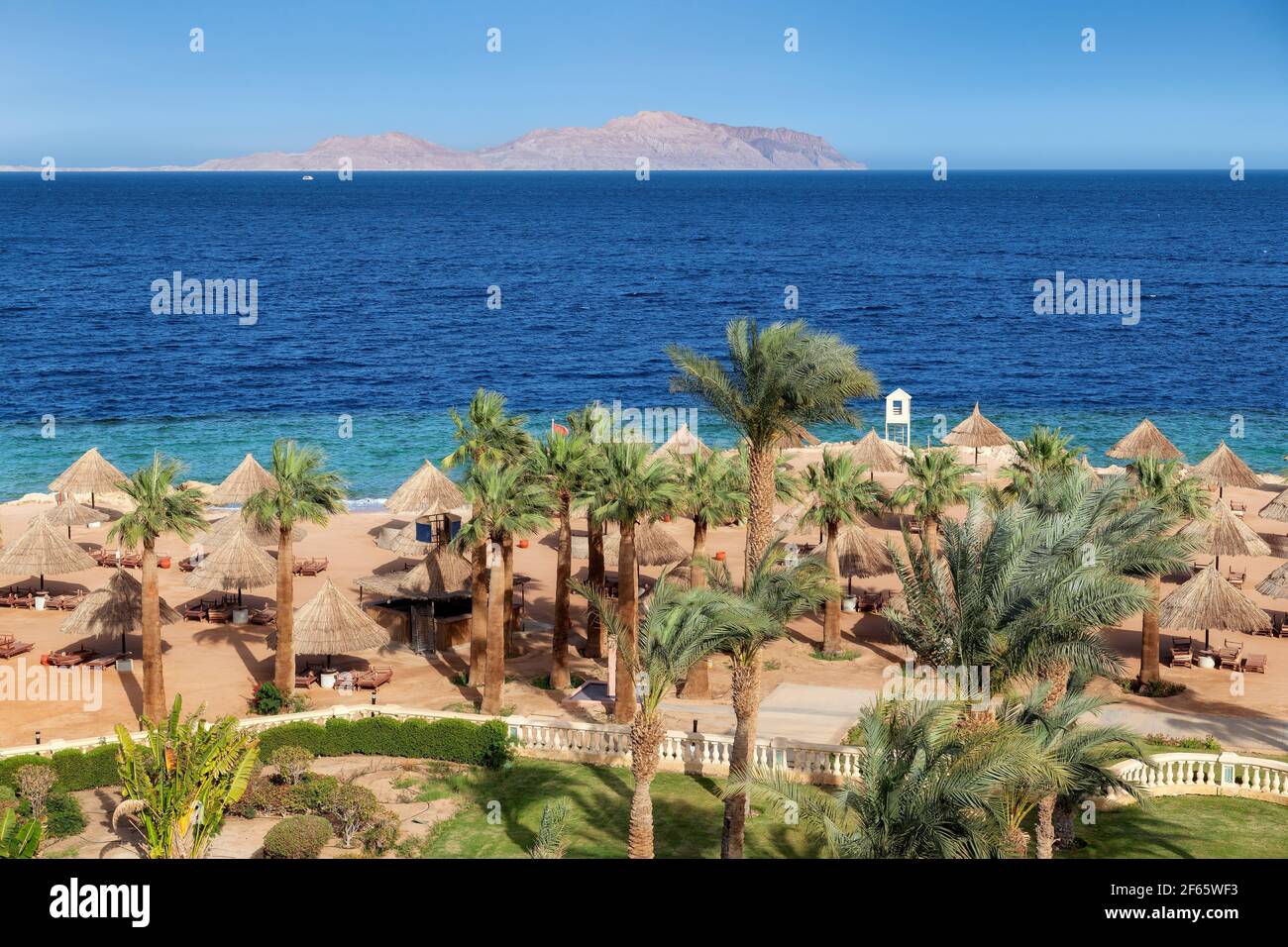 Spiaggia soleggiata in resort tropicale con palme e ombrelloni In Mar Rosso Foto Stock