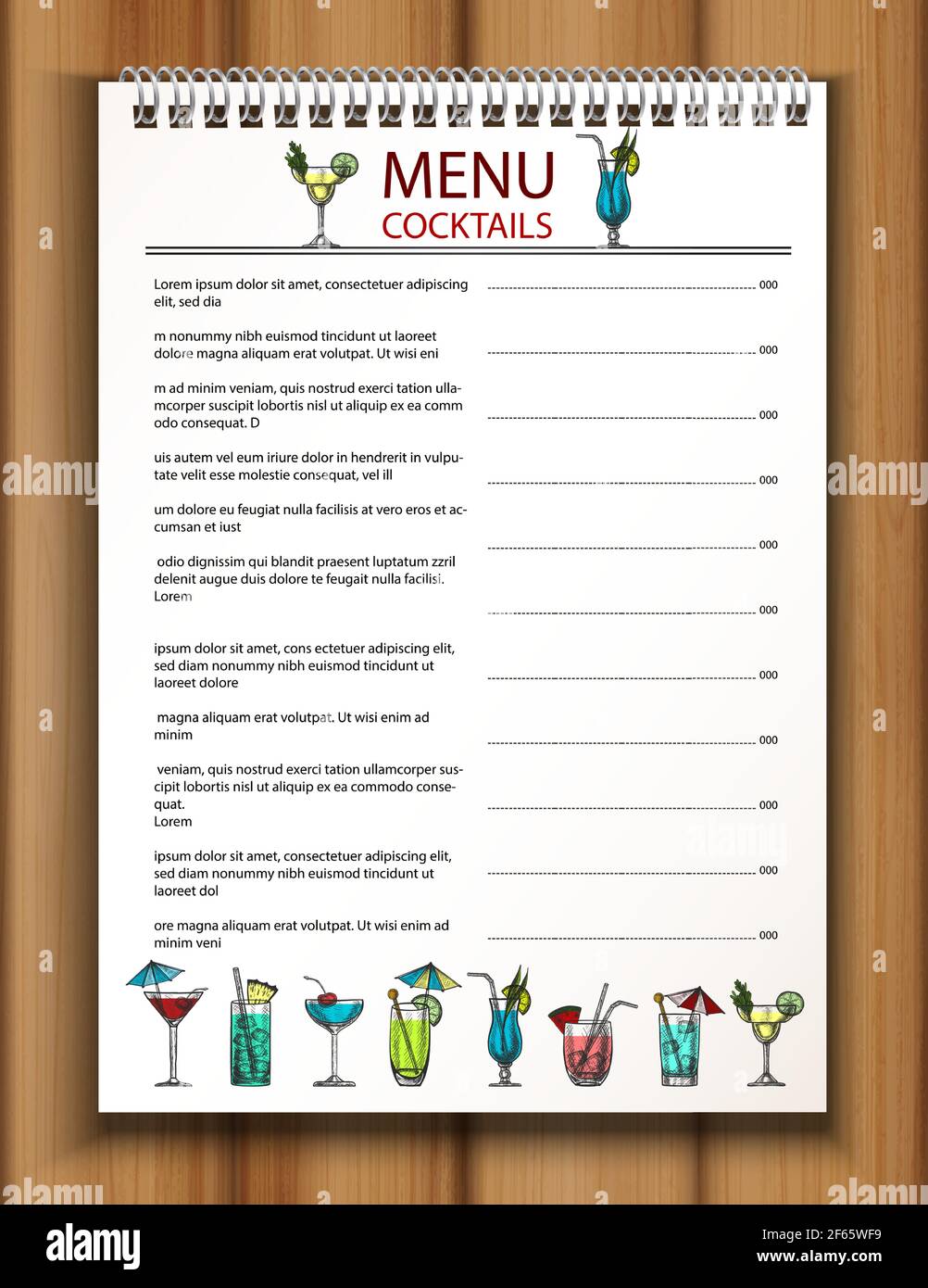 Modello del menu Vector bar and Restaurant Drinks con una colorata collezione di cocktail disegnati a mano su sfondo di legno. Illustrazione Vettoriale