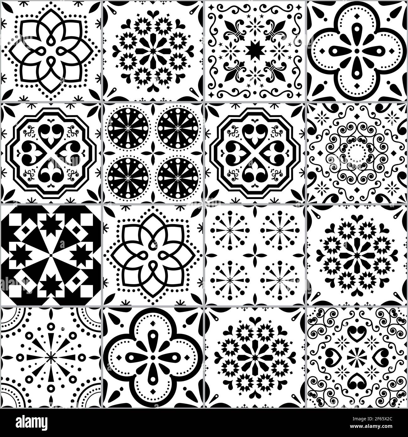 Portoghese Azulejo piastrelle senza cuciture motivo vettoriale, Lisbona geometric e floreale nero e bianco piastrelle retrò collezione di design Illustrazione Vettoriale