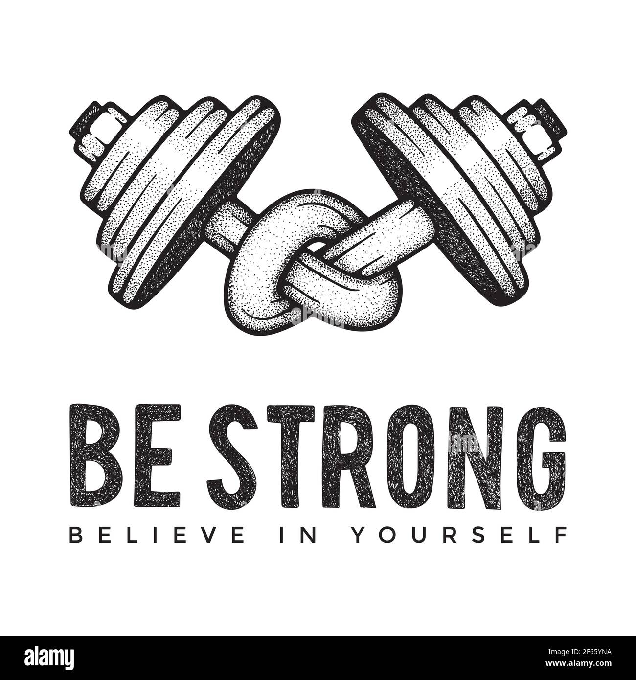 Illustrazione vettoriale disegnata a mano da manubri. Dumbbells intrecciati con testo di motivazione: Essere forte, credere in te stesso. Pesi attorcigliati in un nodo. Illustrazione Vettoriale