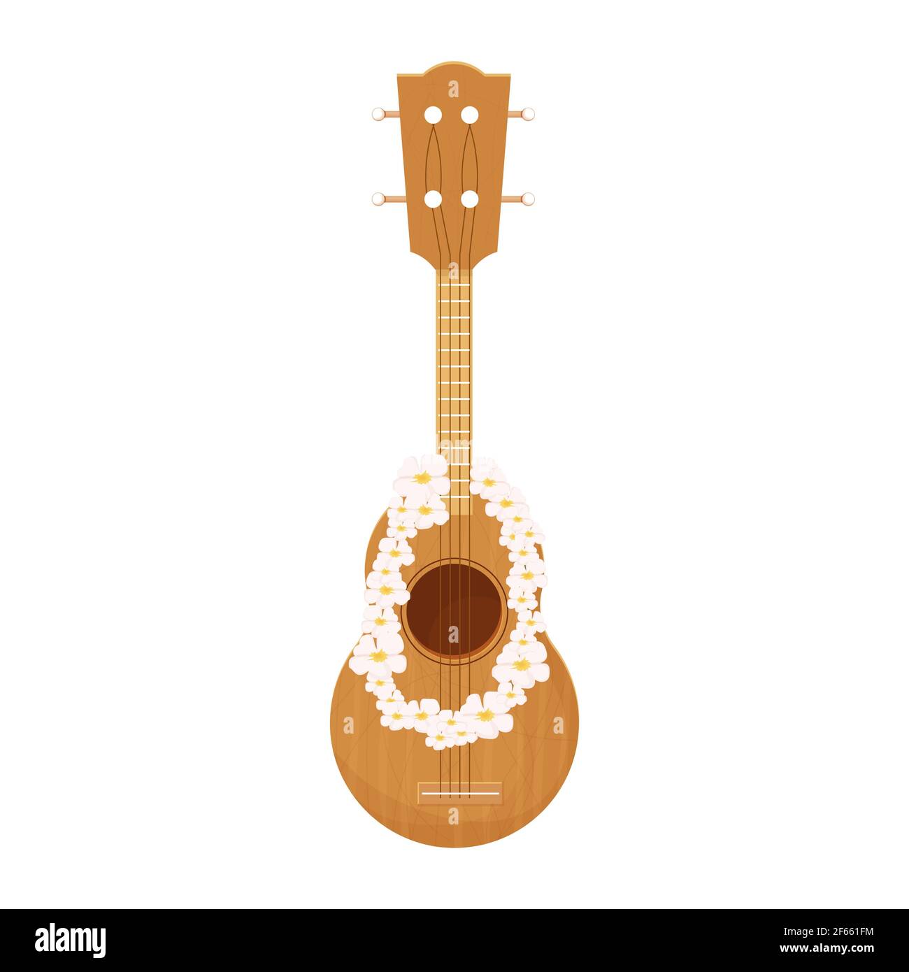 Chitarra acustica folk ukulele in stile cartone animato da legno con fiori tropicali isolati su sfondo bianco. Strumento musicale hawaiano tradizionale, oggetto dettagliato e testurizzato. Illustrazione vettoriale di stock. Illustrazione vettoriale Illustrazione Vettoriale