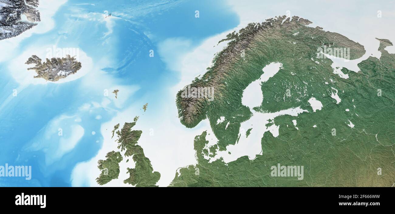 Mappa fisica della Scandinavia, Nord Europa. Vista satellitare appiattita del pianeta Terra, la sua geografia e topografia - elementi forniti dalla NASA Foto Stock