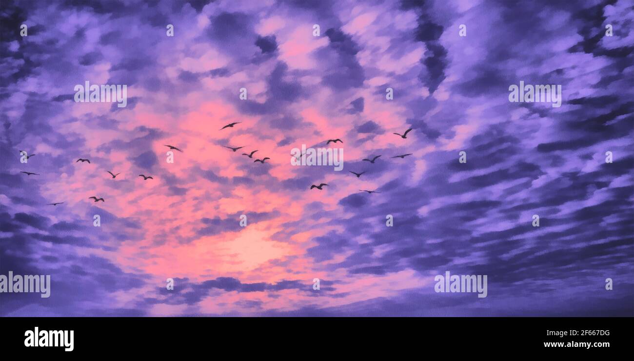 Un gregge di uccelli nel cielo. Tramonto serale. Viola e rosso. Opere artistiche Foto Stock