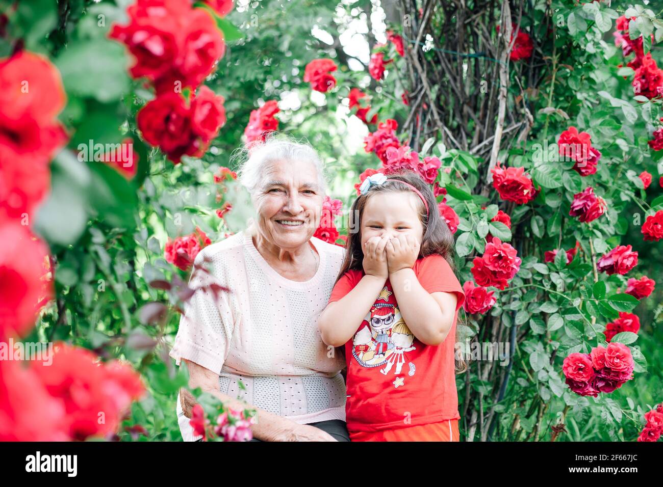 una vecchia nonna dai capelli grigi ride con la nipote il giardino vicino ai cespugli di rose seduti su una panchina in vacanza estiva Foto Stock