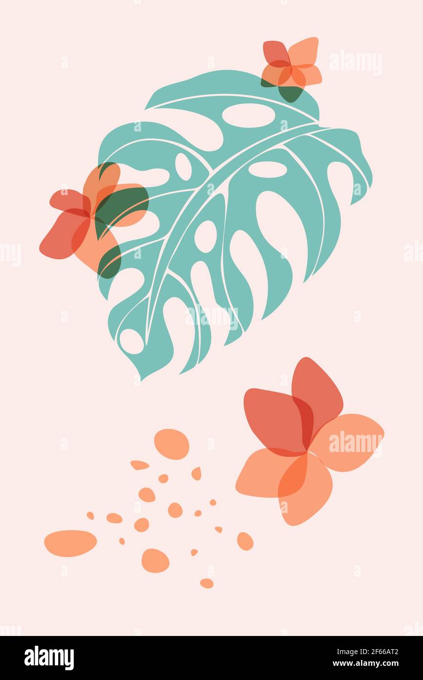 Arte astratta di parete disegnata a mano, vettore stile di pittura boho minimal, immagini botaniche di monstera foglia tropicale, fiori, macchie trasparenti in blu Illustrazione Vettoriale