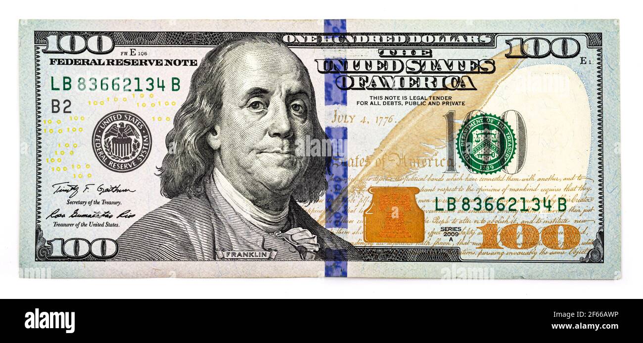 Nuovo primo piano di un conto di cento dollari e di alta qualità foto Foto Stock