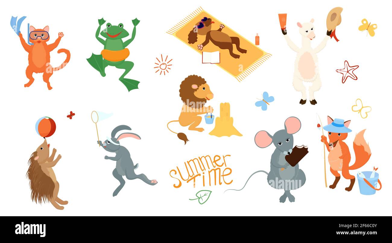 Gioco di animali d'estate cartone animato con castello di sabbia, nuoto anello e palla. Caratteri mascotte sull'illustrazione del vettore di vacanza isolati su bianco. Illustrazione Vettoriale