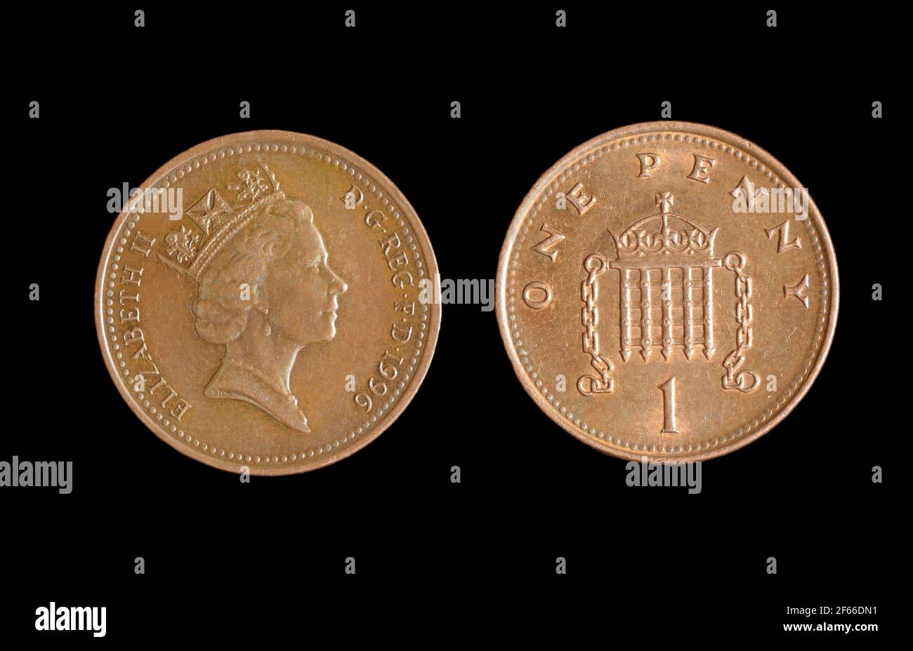 Due lati della Gran Bretagna una moneta di centesimo di 1996, la regina Elisabetta II su Obverse. Foto Stock