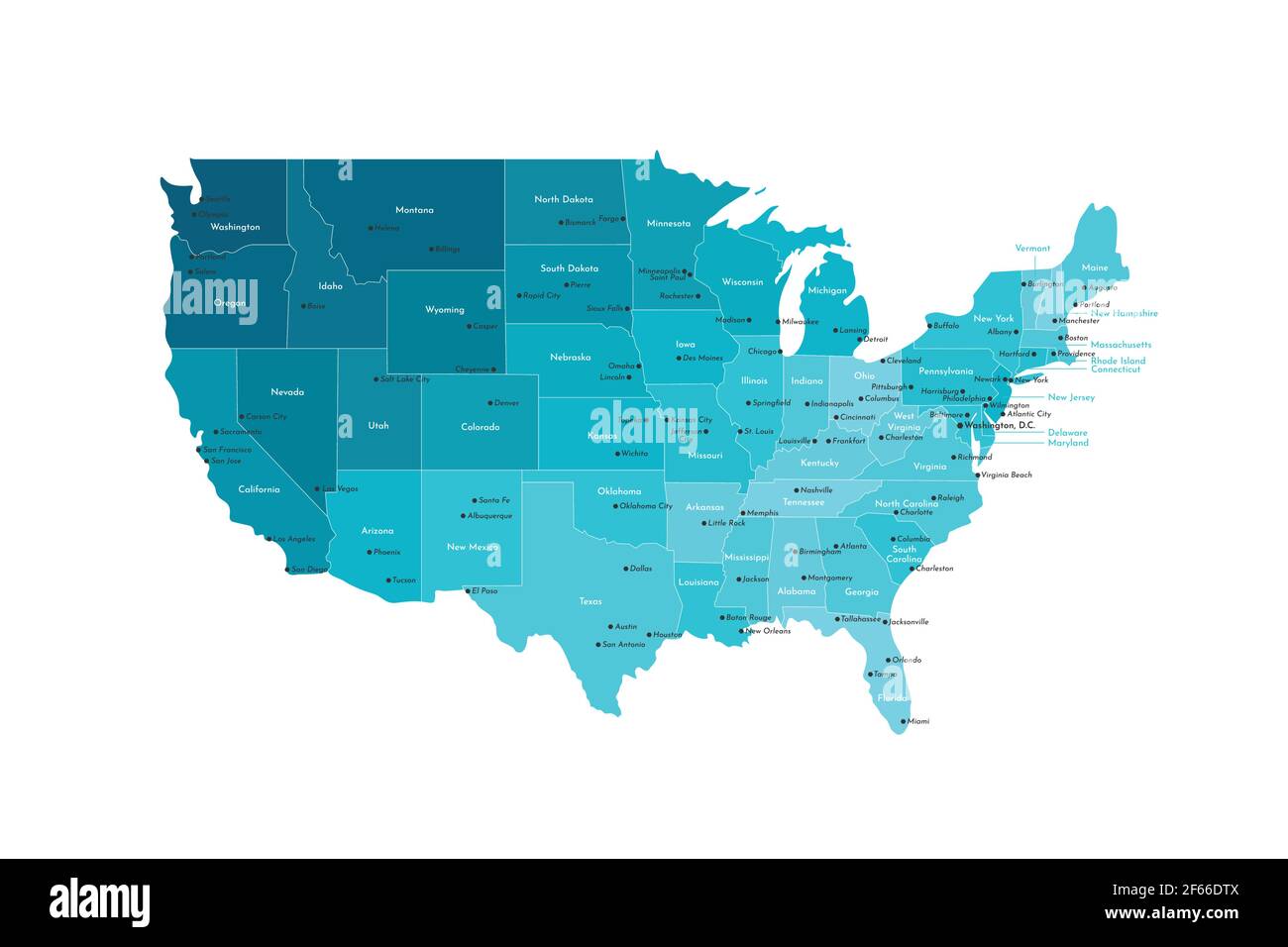 Illustrazione moderna vettoriale. Mappa amministrativa isolata semplificata degli Stati Uniti (solo stati contigui) . Sfondo bianco, forme blu. Nomi degli stati An Illustrazione Vettoriale