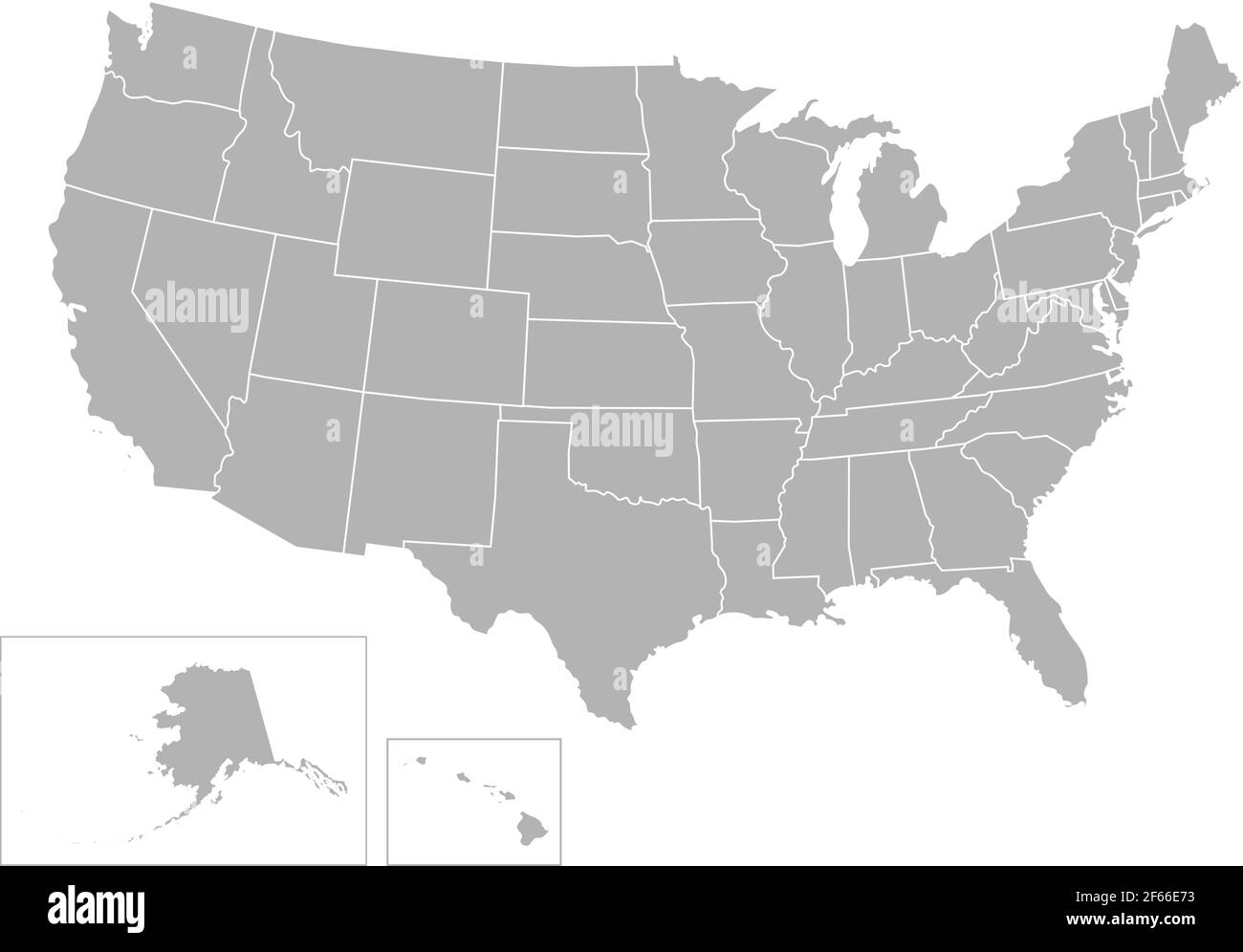 Illustrazione isolata del vettore della mappa amministrativa semplificata degli Stati Uniti (Stati Uniti d'America). Frontiere degli stati (regioni). Sagome grigie. WH Illustrazione Vettoriale