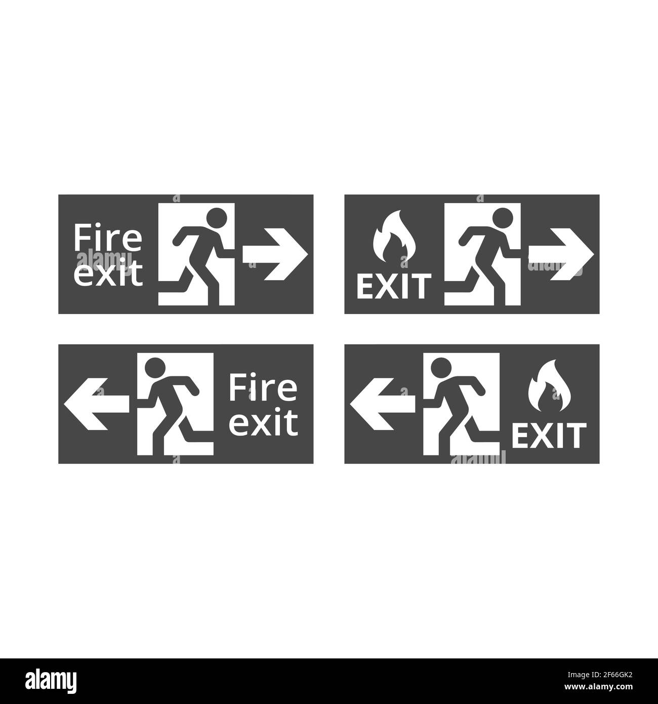 Segnale vettoriale nero di uscita dal fuoco. Icona di fuga fuoco con porta, uomo in marcia e fiamma. Illustrazione Vettoriale