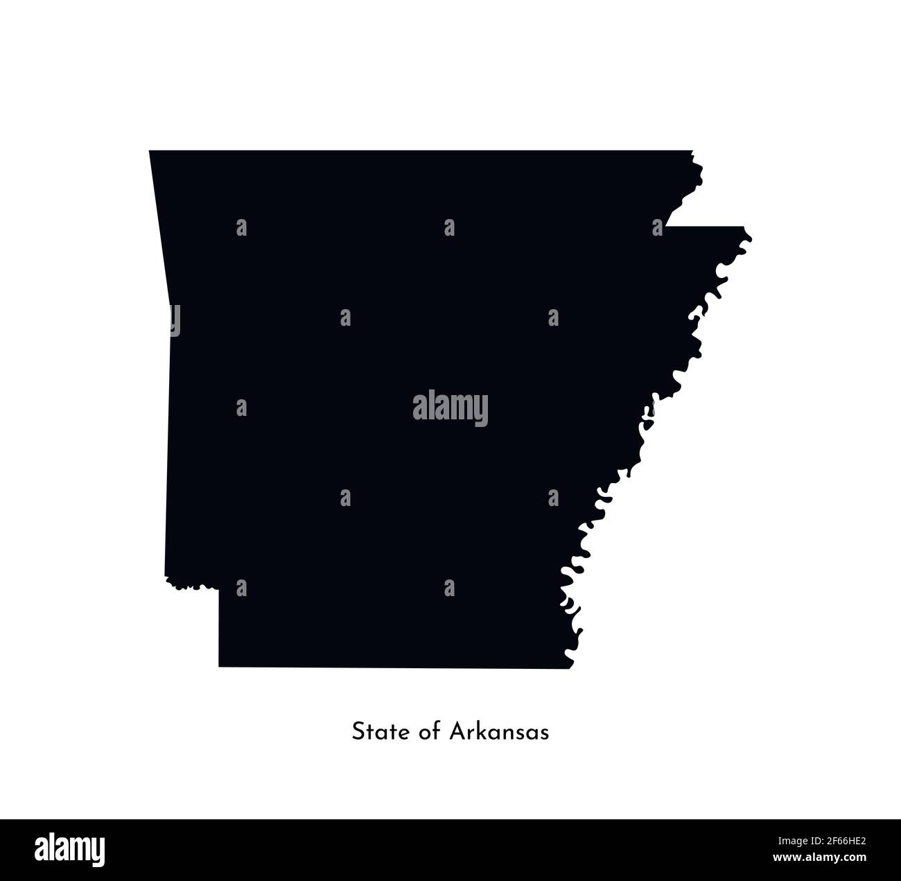 Icona dell'illustrazione semplificata con isolamento vettoriale con la sagoma della mappa nera dello stato dell'Arkansas (USA). Sfondo bianco Illustrazione Vettoriale
