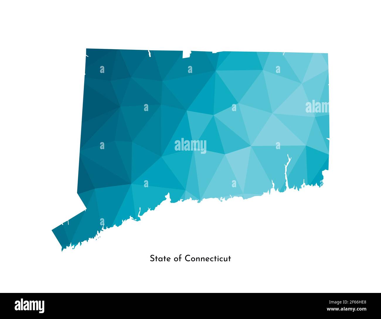 Icona di illustrazione vettoriale isolata con sagoma blu semplificata della mappa dello stato del Connecticut (USA). Stile geometrico poligonale. Sfondo bianco. Illustrazione Vettoriale