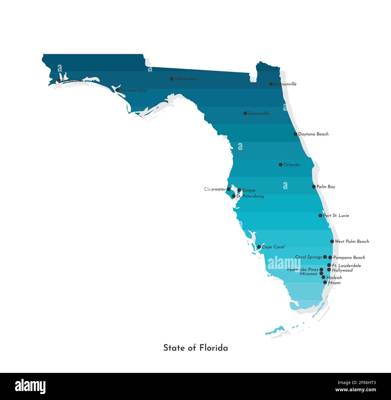 Illustrazione semplificata con isolamento vettoriale con mappa dello stato della Florida (USA) in colori a gradiente blu. Tag con grandi città. Sfondo bianco. Illustrazione Vettoriale