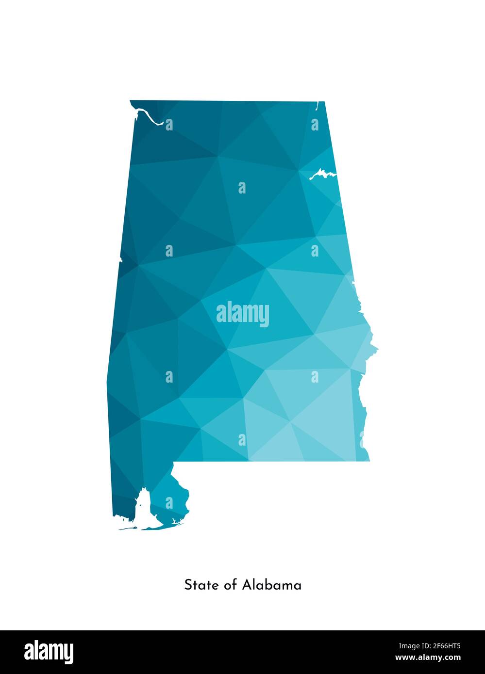 Icona raffigurante un vettore isolato con la silhouette blu semplificata della mappa dello stato dell'Alabama (USA). Stile geometrico poligonale. Sfondo bianco. Illustrazione Vettoriale
