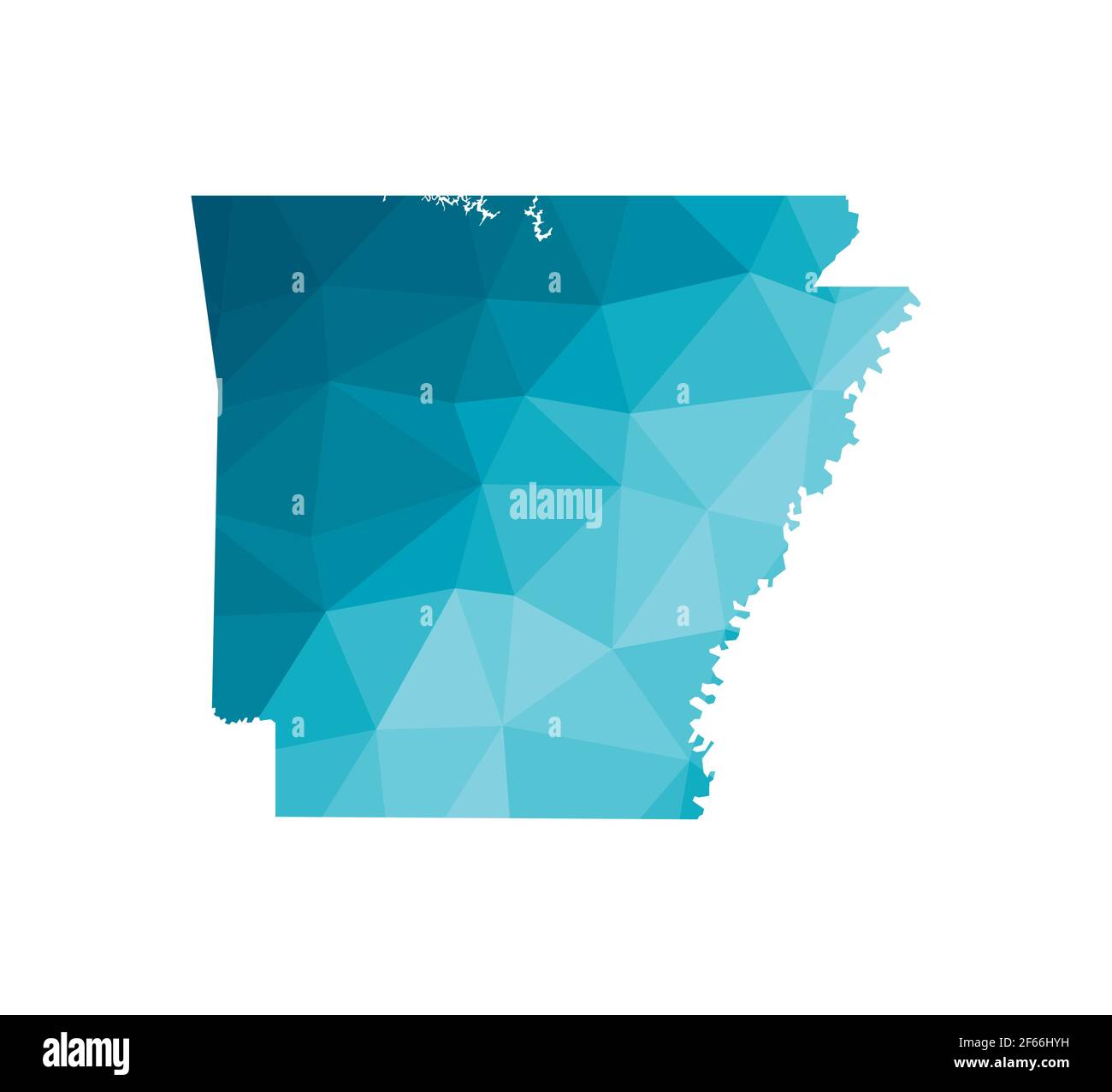 Icona di illustrazione vettoriale isolata con silhouette blu semplificata della mappa dell'Arkansas - stato degli Stati Uniti. Stile geometrico poligonale. Sfondo bianco. Illustrazione Vettoriale