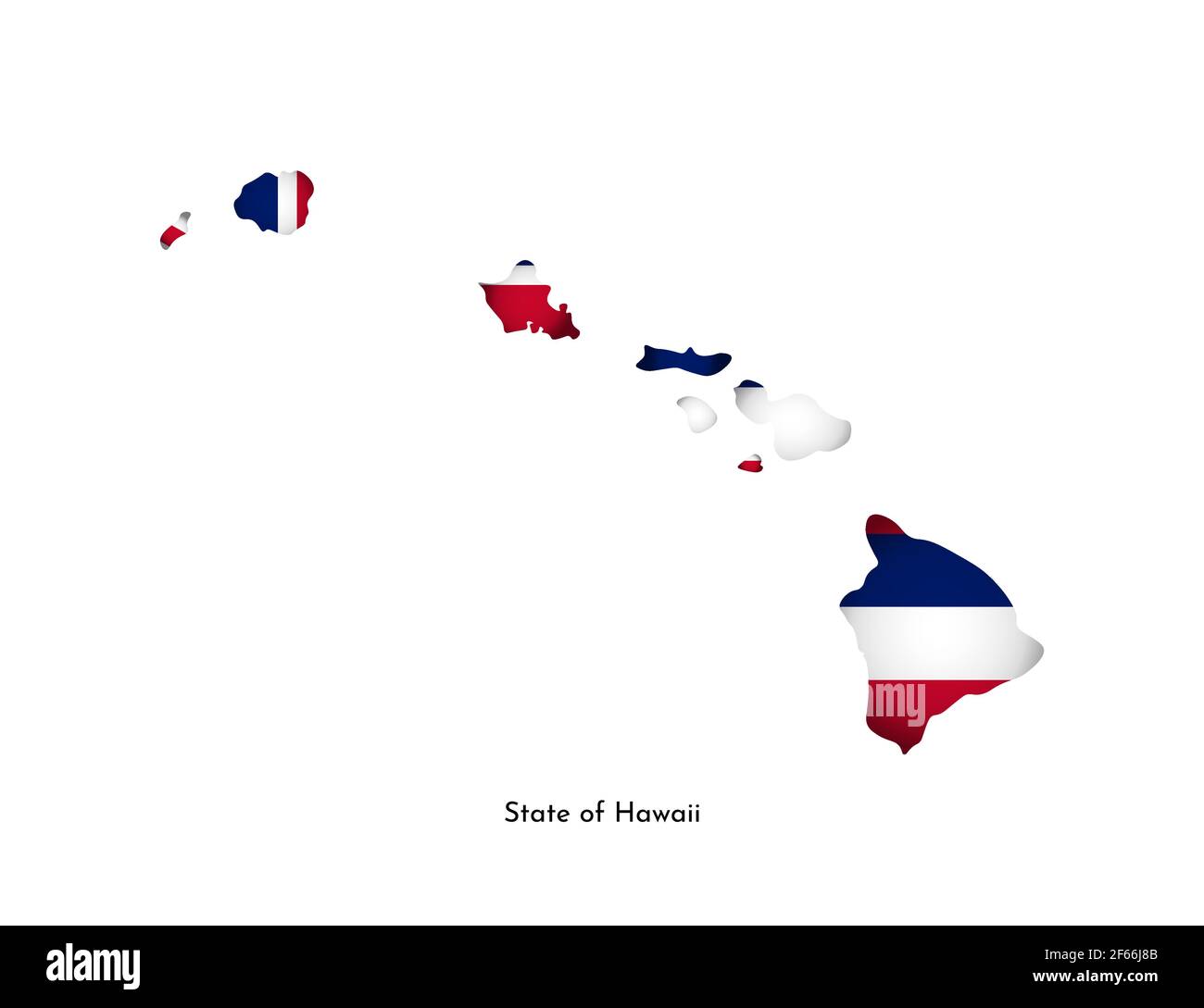 Illustrazione vettoriale isolata con bandiera e mappa semplificata delle Hawaii (Stato degli Stati Uniti). Ombra di volume sulla mappa. Sfondo bianco Illustrazione Vettoriale
