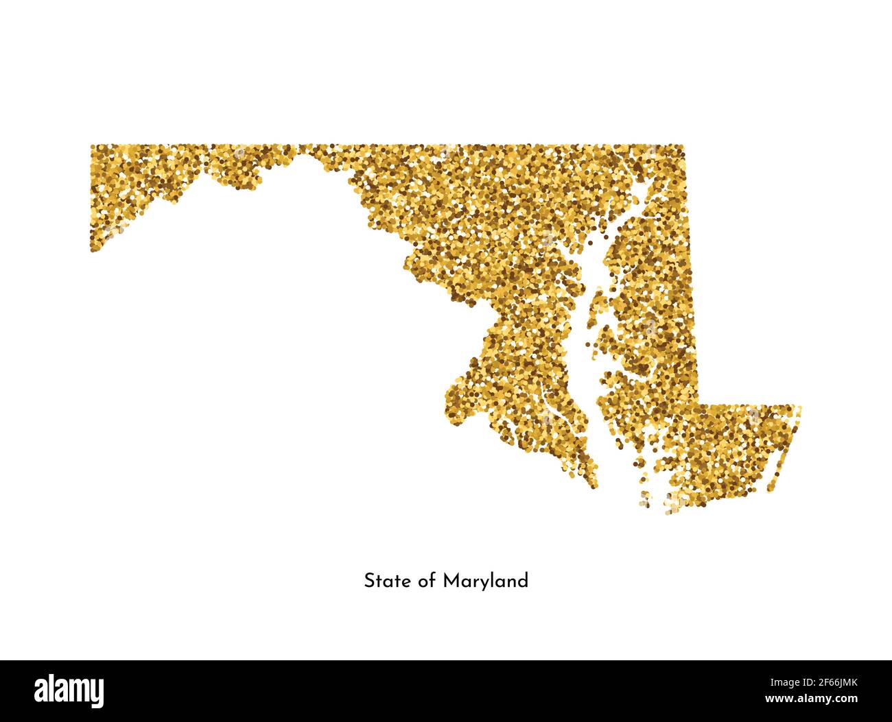 Illustrazione vettoriale isolata con mappa semplificata dello Stato del Maryland (USA). Luccicante texture dorata con glitter. Modello di decorazione. Illustrazione Vettoriale