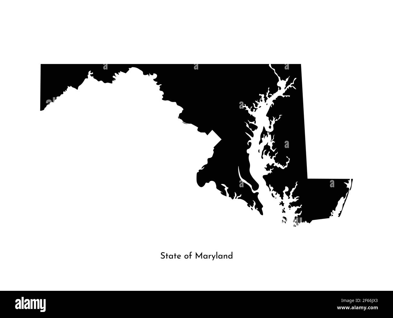 Icona dell'illustrazione semplificata isolata dal vettore con la sagoma della mappa nera dello stato del Maryland (USA). Sfondo bianco Illustrazione Vettoriale