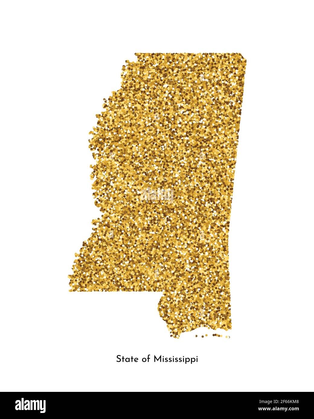 Illustrazione vettoriale isolata con mappa semplificata dello stato del Mississippi (USA). Luccicante texture dorata con glitter. Modello di decorazione. Illustrazione Vettoriale