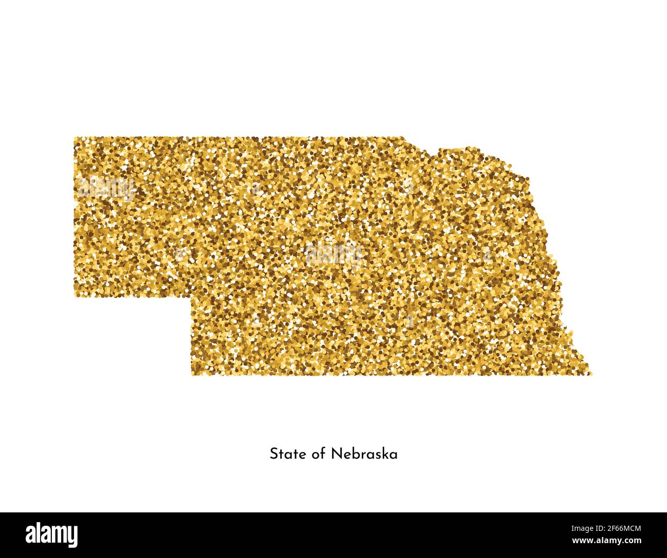 Illustrazione vettoriale isolata con mappa semplificata dello Stato del Nebraska (USA). Luccicante texture dorata con glitter. Modello di decorazione. Illustrazione Vettoriale